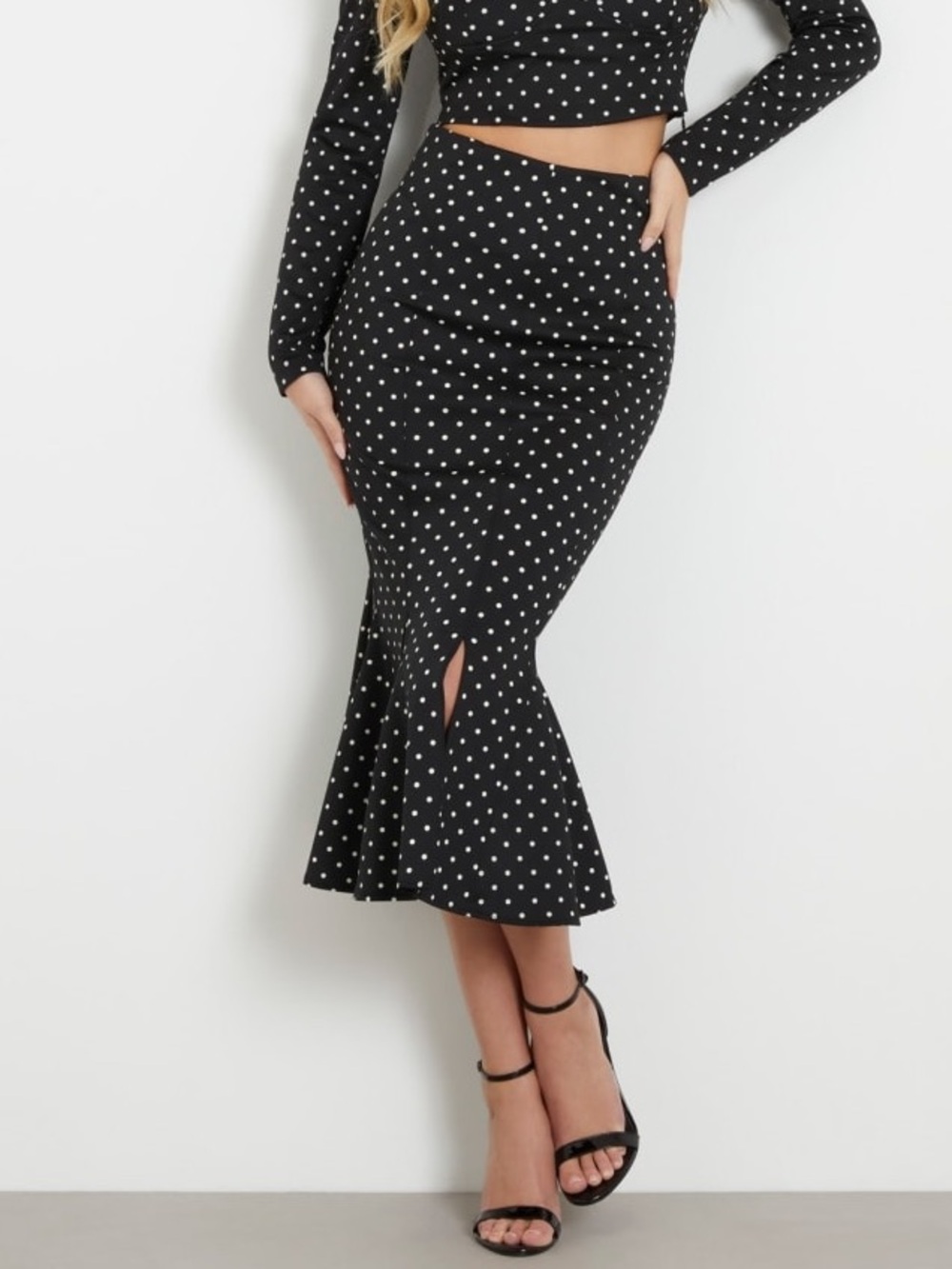 GUESS Black Polka Dot Mermaid Midi Skirt Size XS